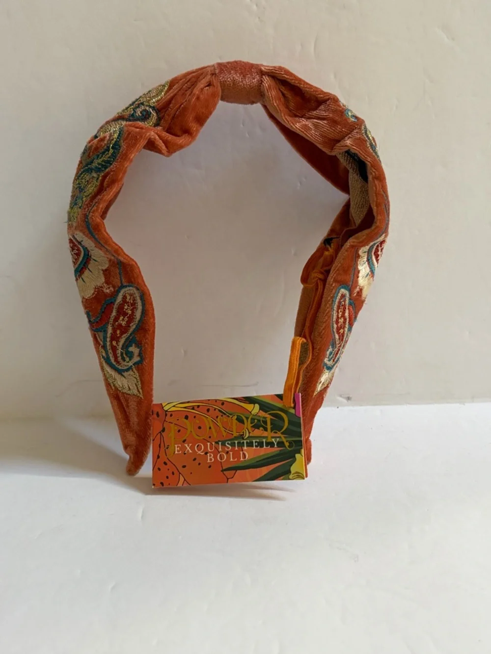 NWT Embroidered Velvet Headband Mediterranean Paisley Coral by Powder UK